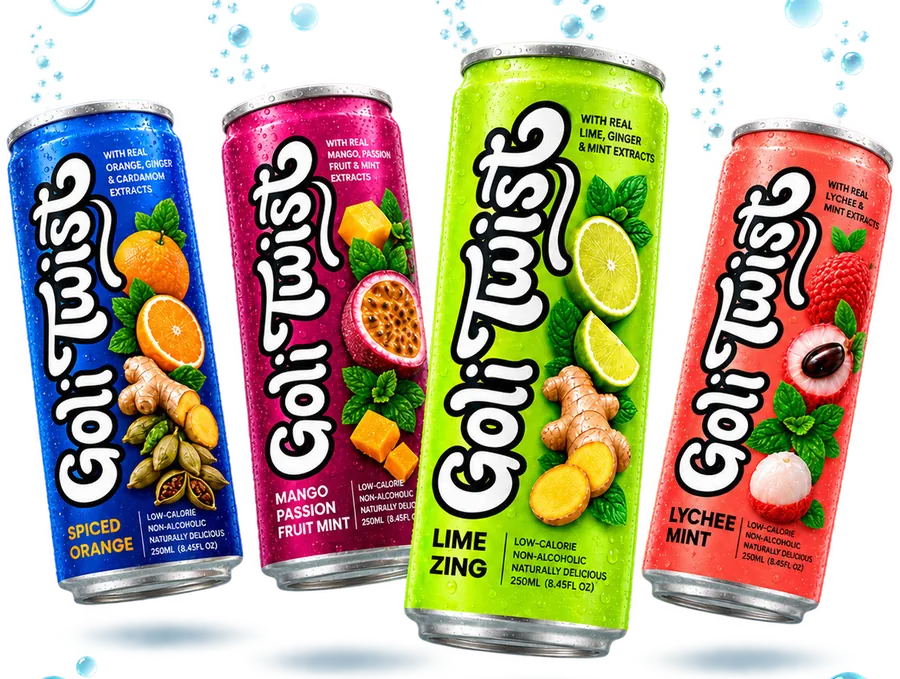 All four Goli Twist flavours — Spiced Orange, Mango Passion Fruit Mint, Lime Zing and Lychee Mint